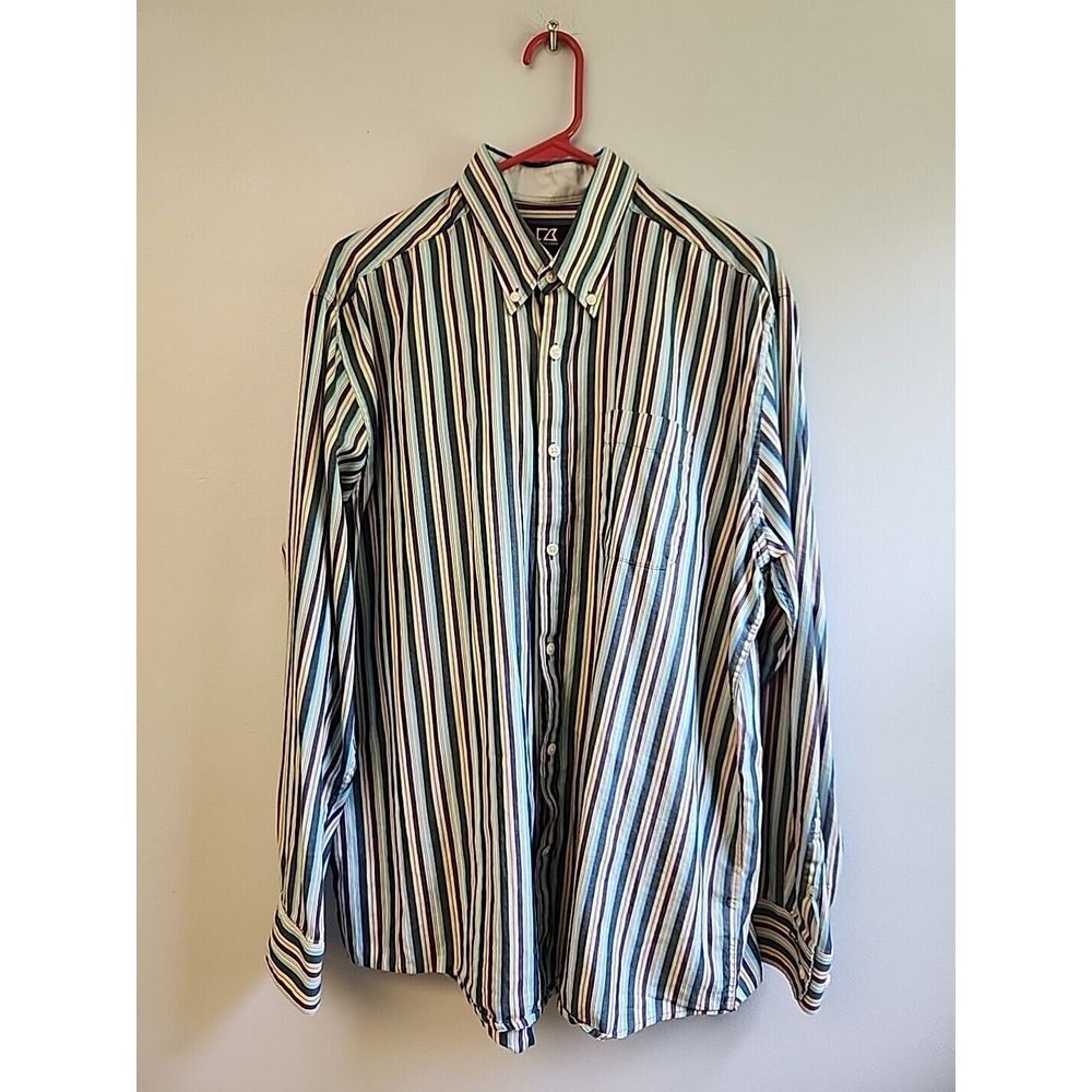 CUTTER & BUCK MENS L Blue Green White MULTI-COLORED STRIPED TRAD FIT DRESS SHIRT
